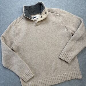 Y2K GAP Sweater Men Large Beige Wool Chunky Knit 1/4 Snap Sherpa Collar Pullover